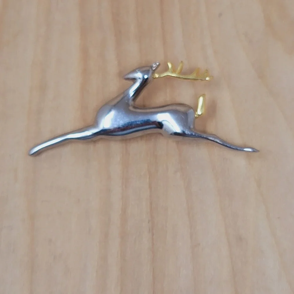 Vintage Liz Claiborne Leaping Reindeer Brooch Two Tone Christmas Holiday
